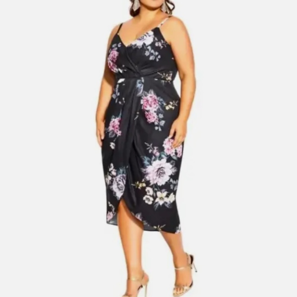 City Chic Black Floral Wrap Midi Dress